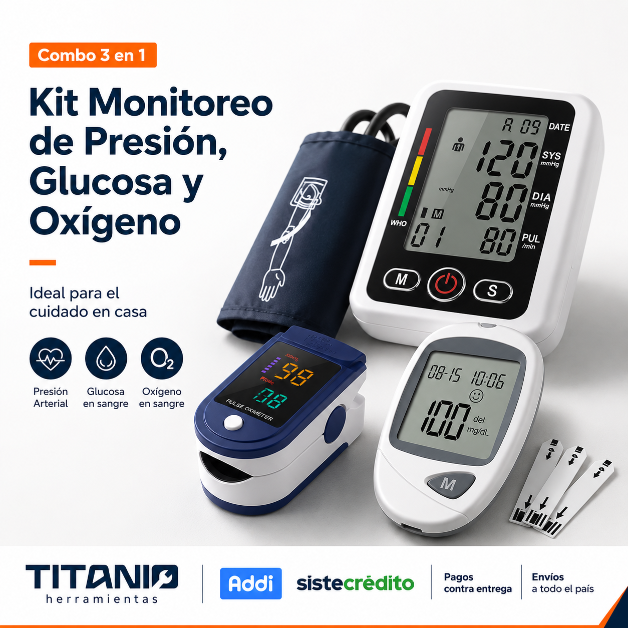 Tensiómetro digital con altavoz + oxímetro de pulso + glucómetro | Combo Kit de salud en casa.