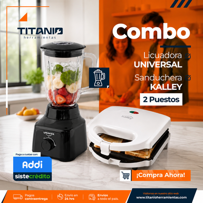 Combo Licuadora UNIVERSAL + Sanduchera KALLEY 2 Puestos