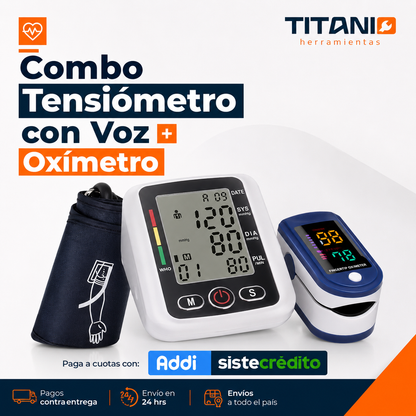 Combo Tensiómetro digital con altavoz + Oxímetro de pulso