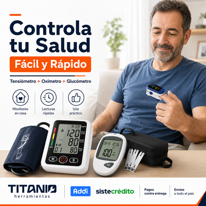 Tensiómetro digital con altavoz + oxímetro de pulso + glucómetro | Combo Kit de salud en casa.