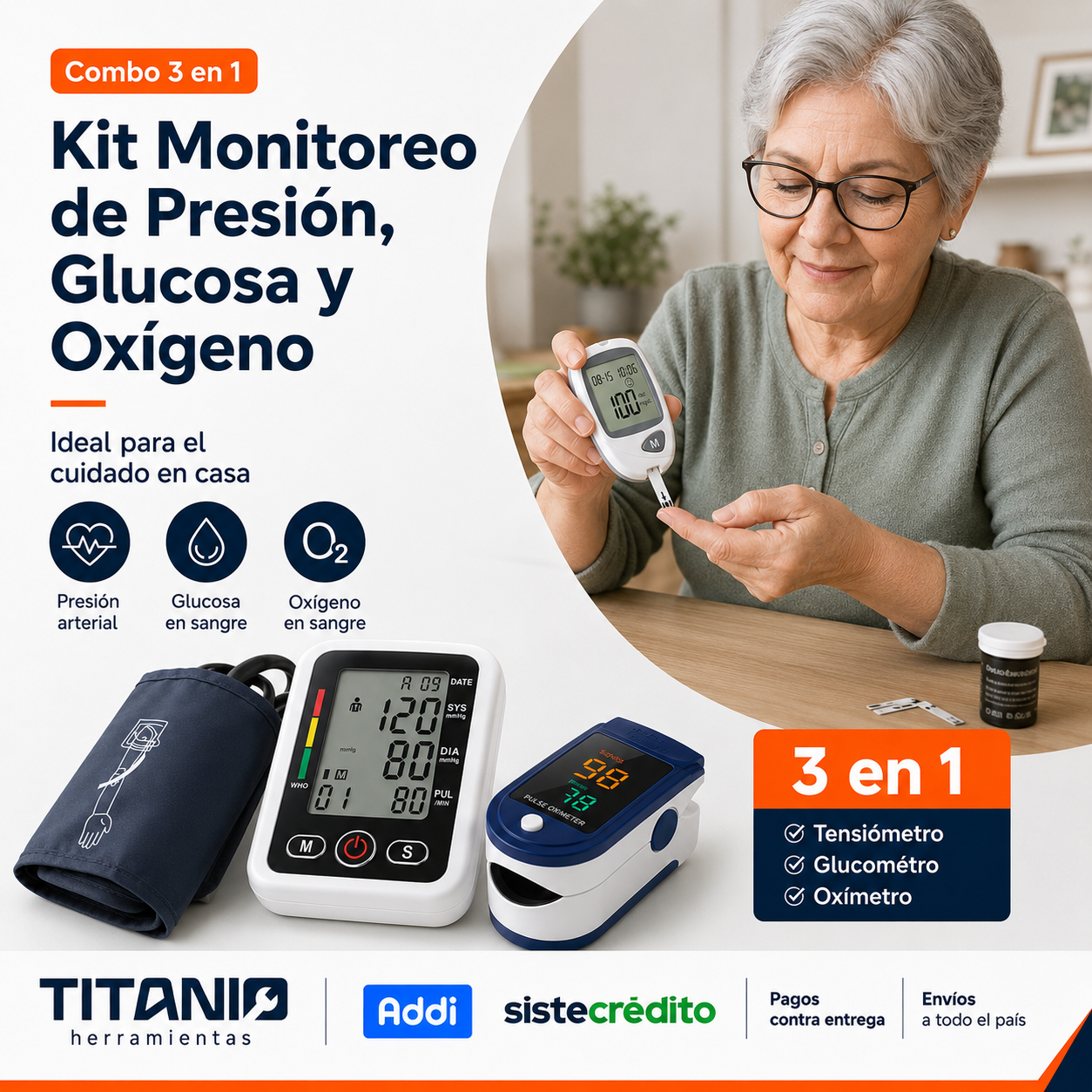 Tensiómetro digital con altavoz + oxímetro de pulso + glucómetro | Combo Kit de salud en casa.
