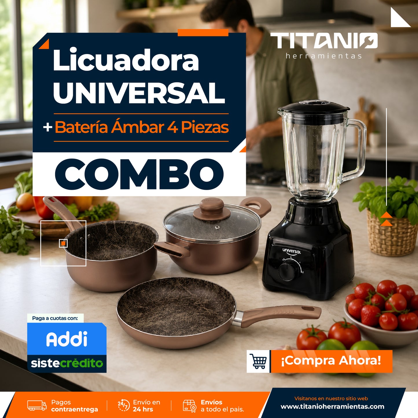 Combo: Licuadora Vaso de Vidrio UNIVERSAL + Juego de Ollas Ámbar 4 Piezas