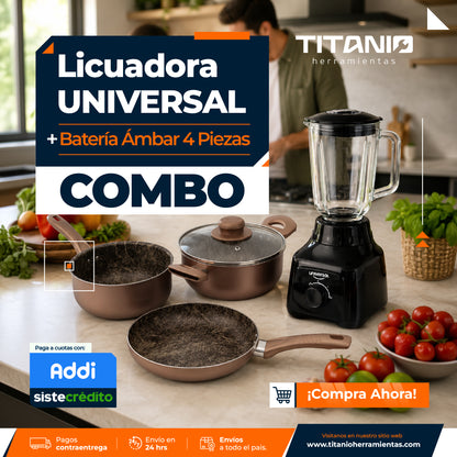 Combo: Licuadora Vaso de Vidrio UNIVERSAL + Juego de Ollas Ámbar 4 Piezas