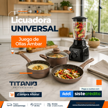 Combo: Licuadora Vaso de Vidrio UNIVERSAL + Juego de Ollas Ámbar 4 Piezas