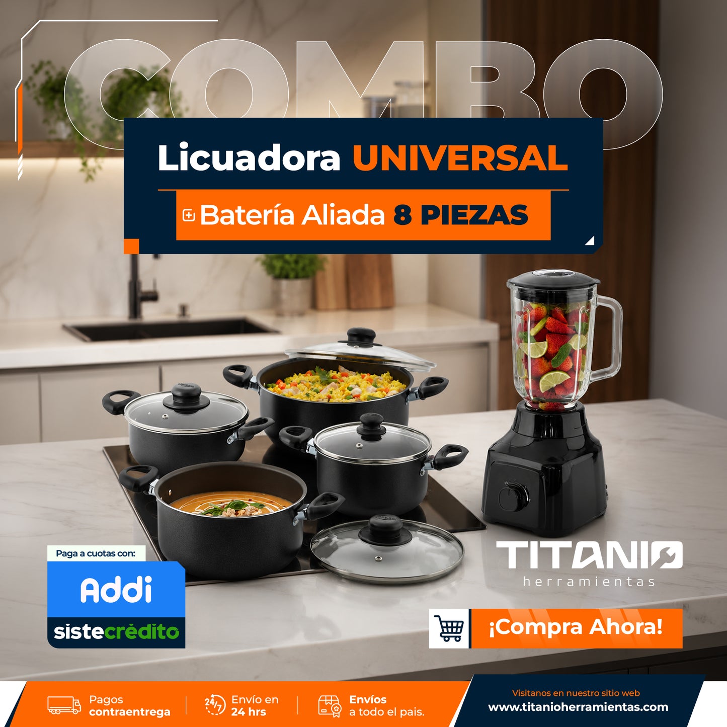 Combo Licuadora UNIVERSAL + Batería de Ollas Aliada 8 Piezas