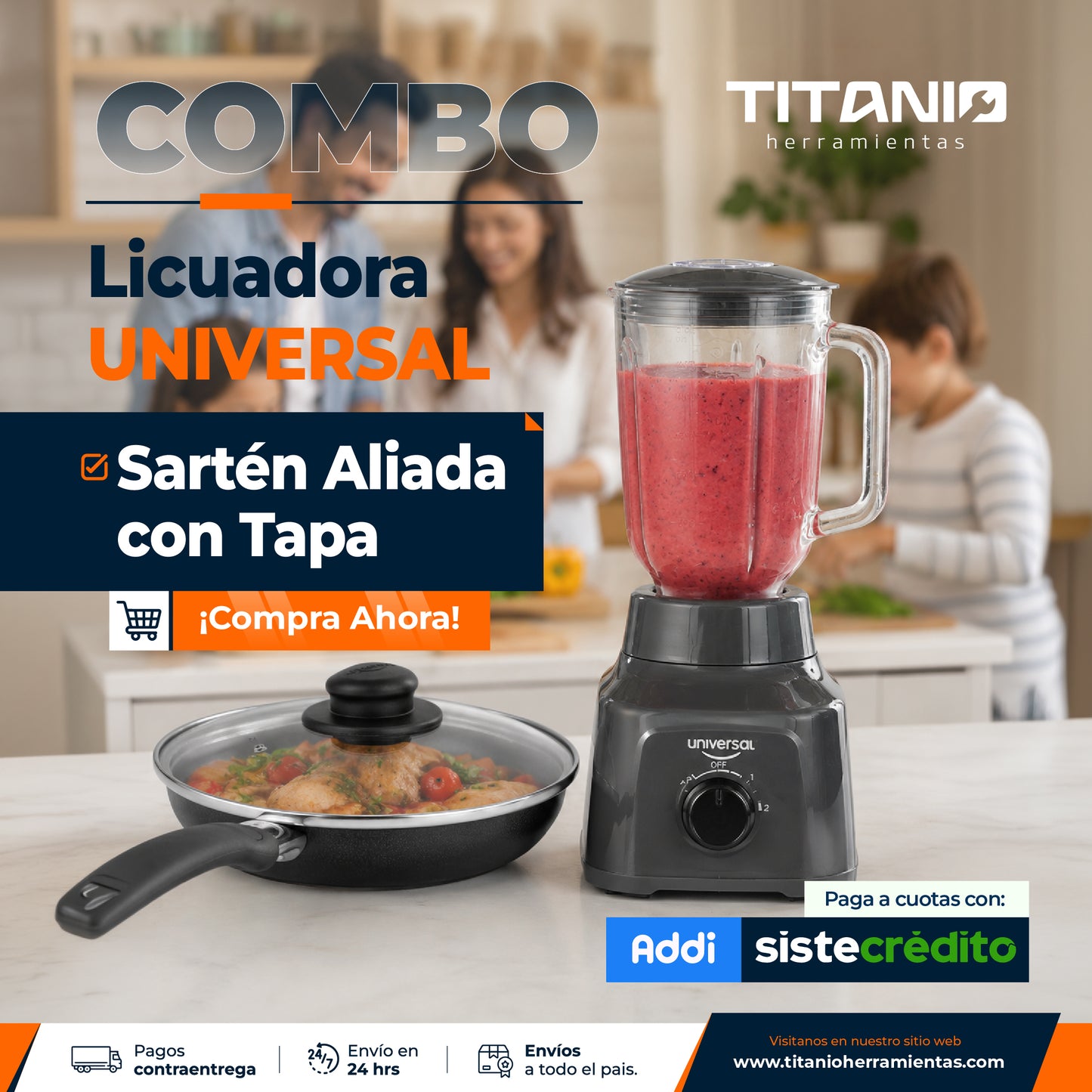 Combo Licuadora Vaso de Vidrio  UNIVERSAL + Sartén Aliada con Tapa