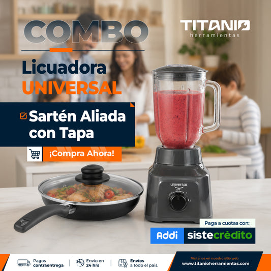 Combo Licuadora Vaso de Vidrio  UNIVERSAL + Sartén Aliada con Tapa