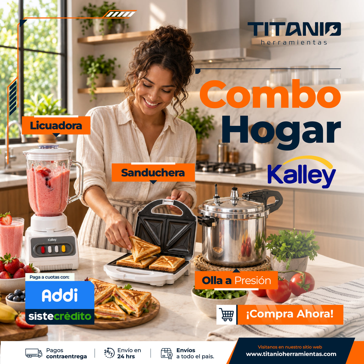 Combo Licuadora Kalley + Olla a presión + Sanduchera
