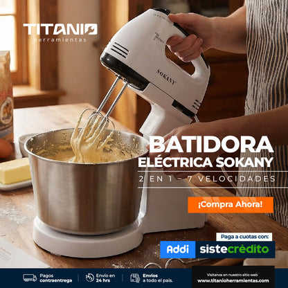 Batidora Eléctrica Sokany 2 en 1 de mano y base - 7 velocidades, 250 W