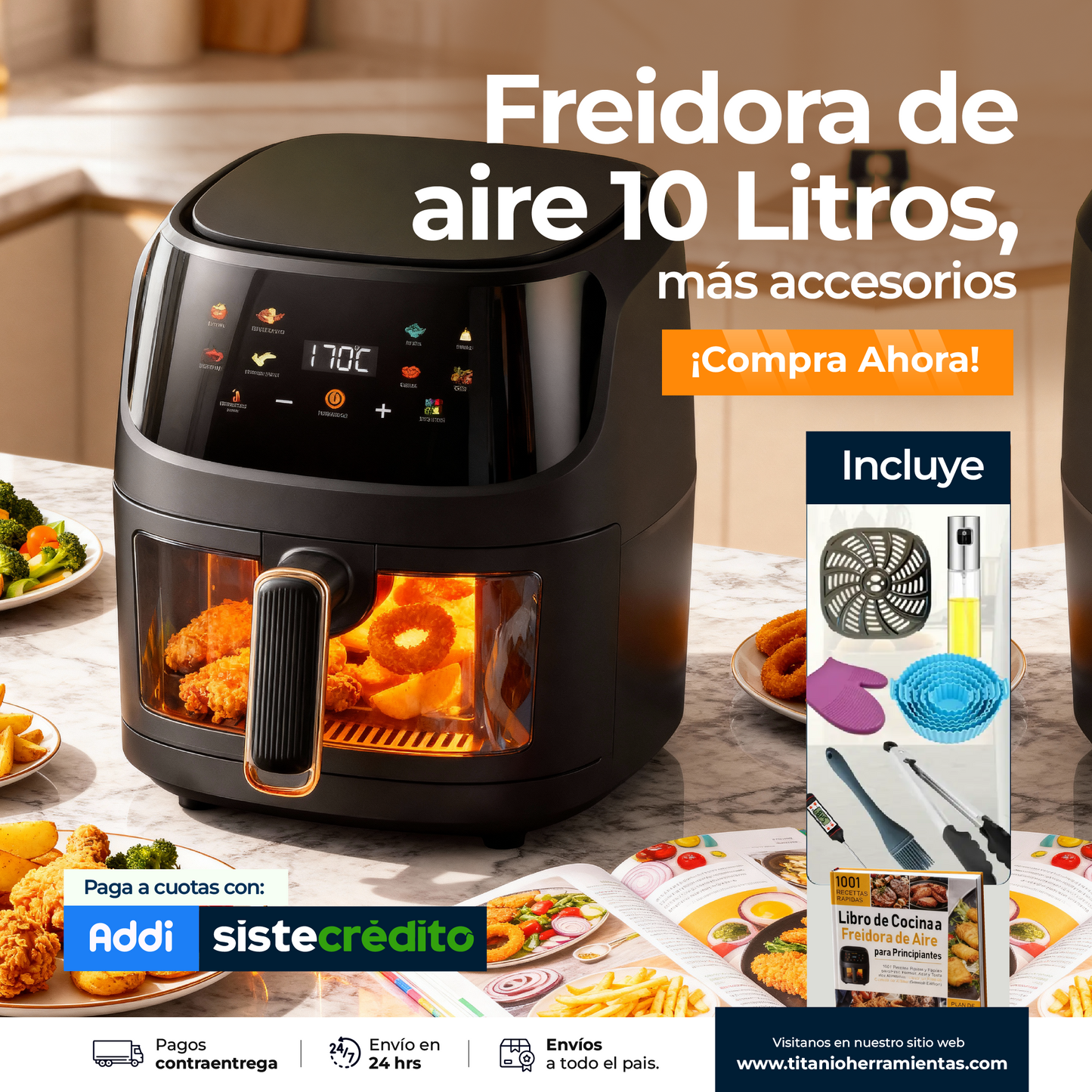 Freidora De Aire Olla Air Fryer 10 Litros Táctil + Parrilla