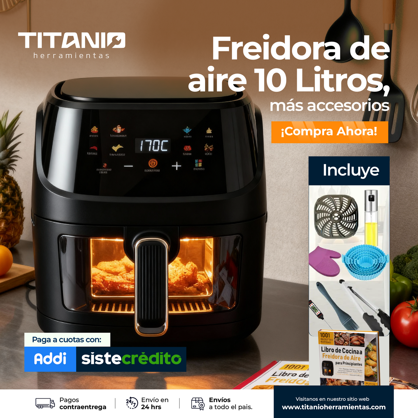 Freidora De Aire Olla Air Fryer 10 Litros Táctil + Parrilla