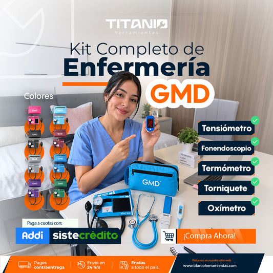 Kit de enfermería GMD Tensiómetro, Fonendoscopio + Oxímetro + Termómetro + Torniquete Elástico