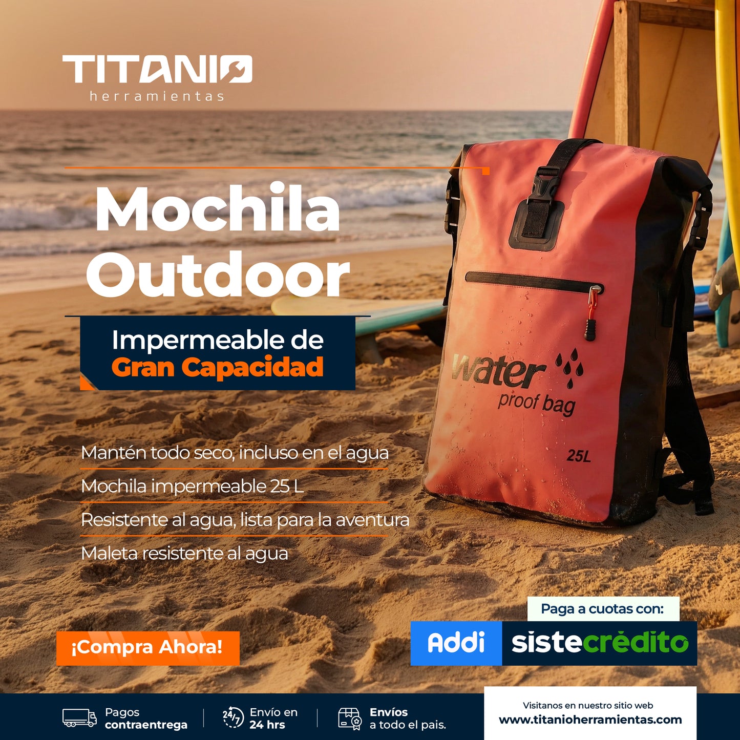 Mochila seca impermeable de 25 Lt con Separacion seco y húmedo