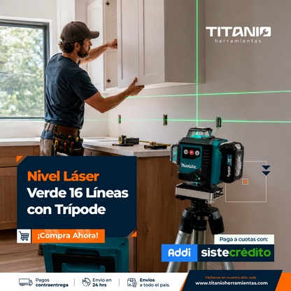 Nivel láser 4D de 16 Líneas Verde Kit completo con Trípode y control remoto