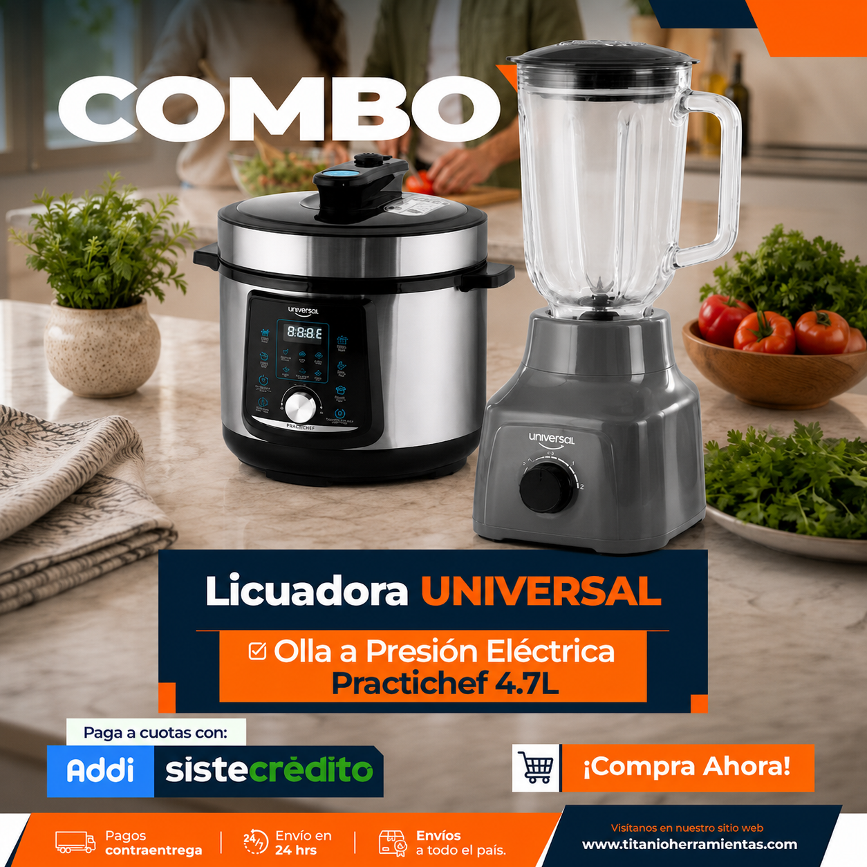 Combo Licuadora UNIVERSAL + Olla a Presión Eléctrica Practichef 4.7L