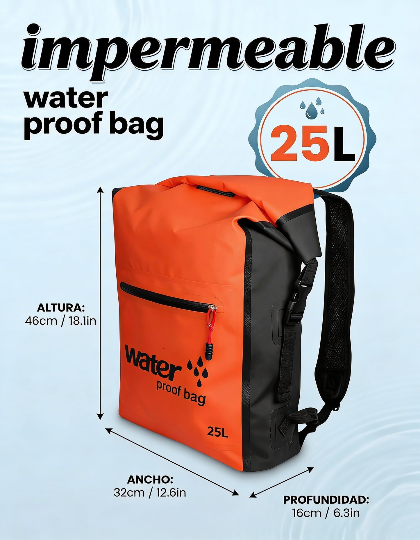Mochila seca impermeable de 25 Lt con Separacion seco y húmedo